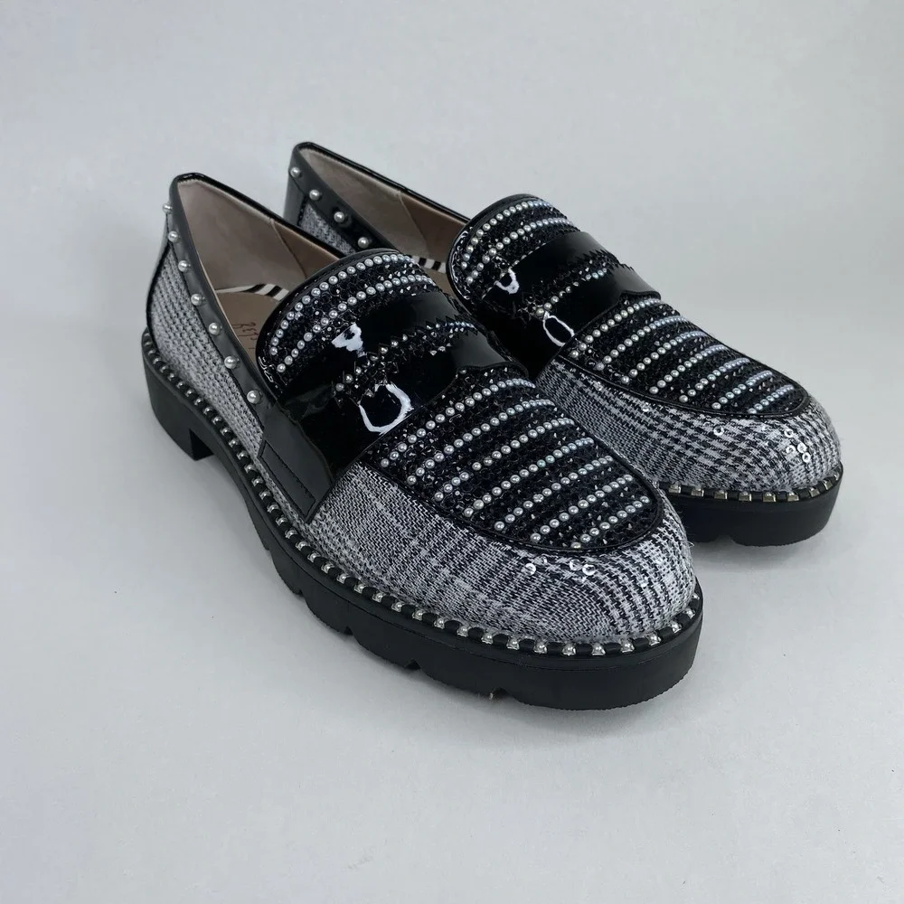 Betsey‎ Johnson Darian Pearls Sequins Plaid Patent Loafer Shoes Size 6M